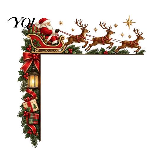 Xmas Fireplace Hanging Sign Christmas Door Topper, Funny Santa Claus Reindeer Sleigh Frame Holiday Decoration Corner Sign, Wooden Home Decor