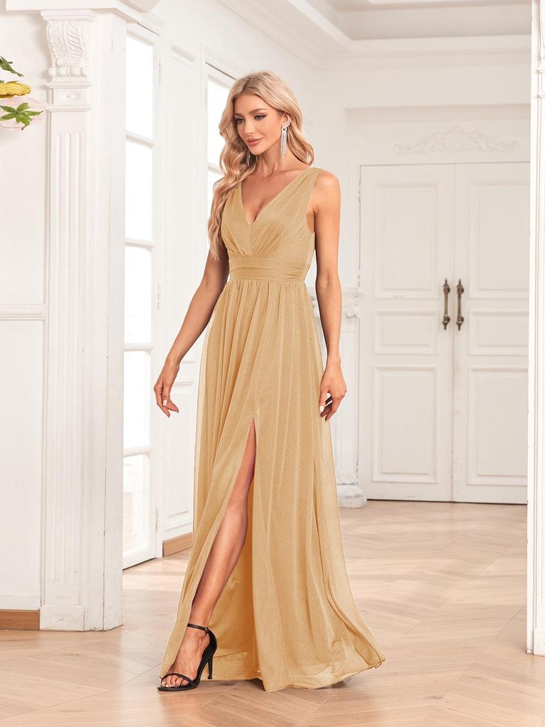 2024 Sparkling Chiffon Sleeve Double V-Neck A-Line Bridesmaid Dress with Side Slit