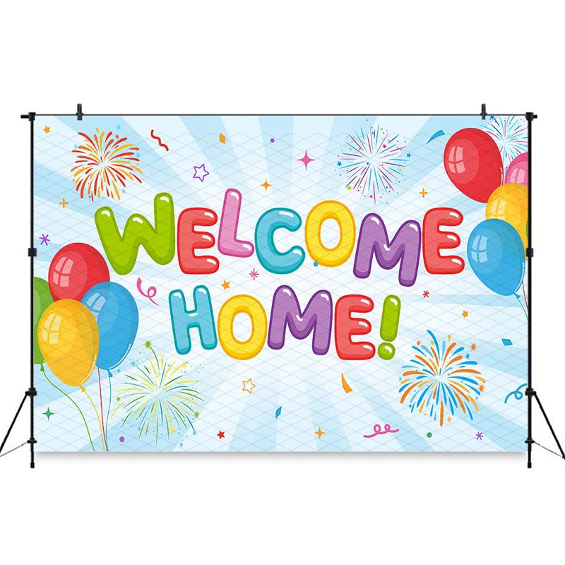 Mocsicka Welcome Home Backdrop Light Blue Radial Stripe Colorful Balloons Photography Background Family Party Celebration Banner