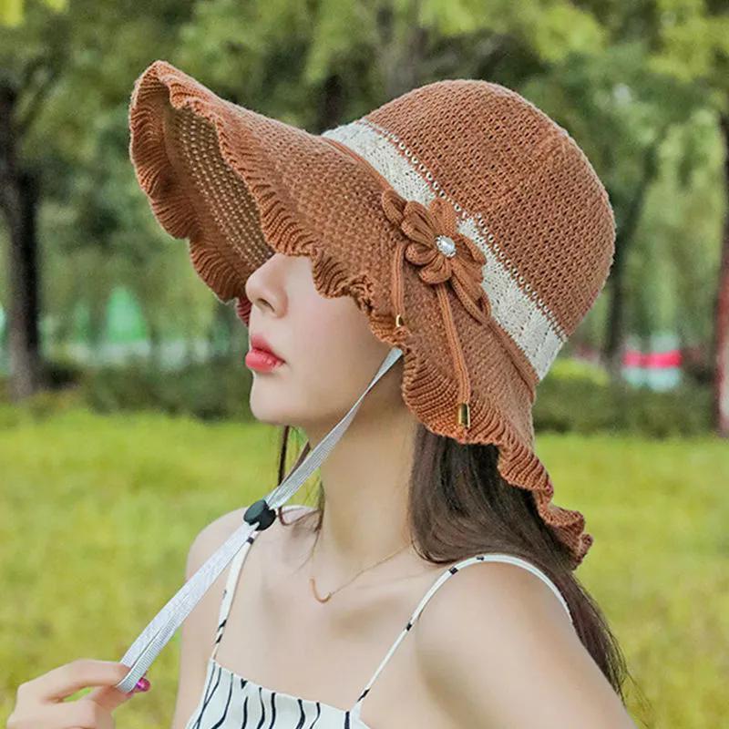 WTEMPO Women Spring Summer Wide Brim Flower Solid Color Sun Hats Outdoor Breathable Foldable Beach Sunscreen Hats