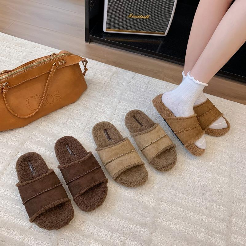 Fashion Women Flats Fur Slippers Suede Fashion New Shoes 2025 Trend Winter Casual Slingback Flip Flops Cozy Open Toe Slides Zapatillas