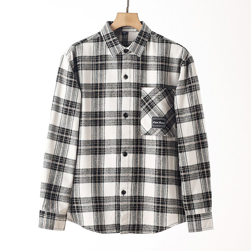 American Retro Brushed Long Sleeve Casual Plaid Shirt White 2XL