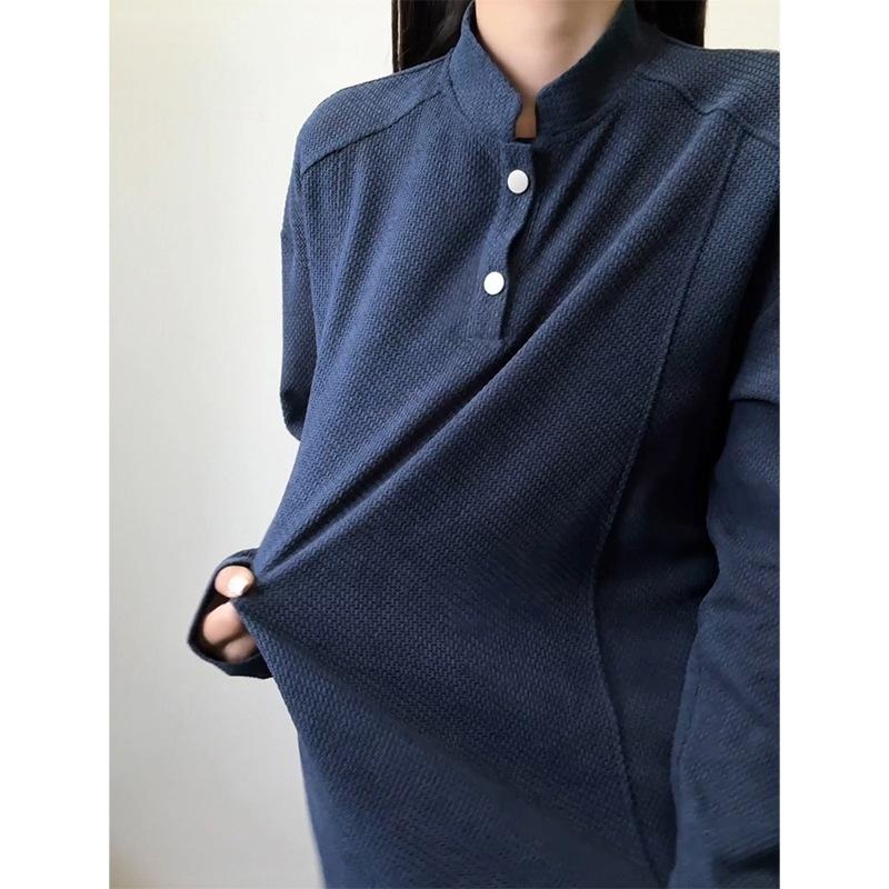 Navy Blue Breathable Henley Neck Long Sleeve T Shirt Men Casual Cleanfit Couple Top