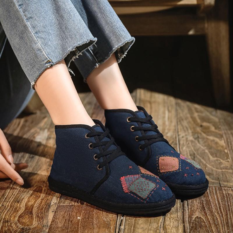 Johnature Plush Warm Cotton Shoes Handmade Embroidered Soft Sole Cloth Shoes Retro Women's Short Boots