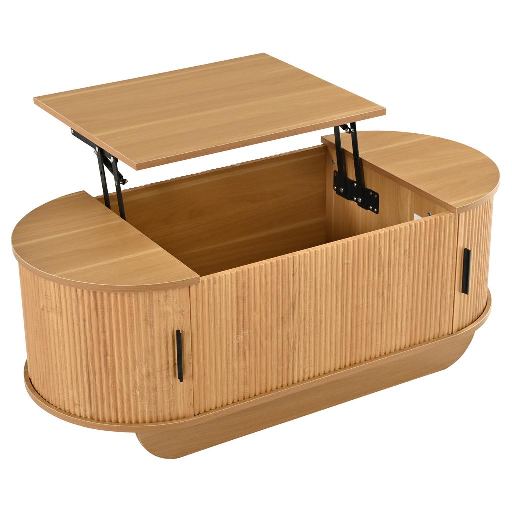 Height-Adjustable Coffee Table 110×50×42cm, up to 55.5 cm, Wood Color, Oval Sofa Table with Roller Shutters, Hydraulic Lifting Mechanism