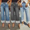 Women's Spring New Stretch Straight Jeans Quality Models Retro Rolled High Waist Trousers
