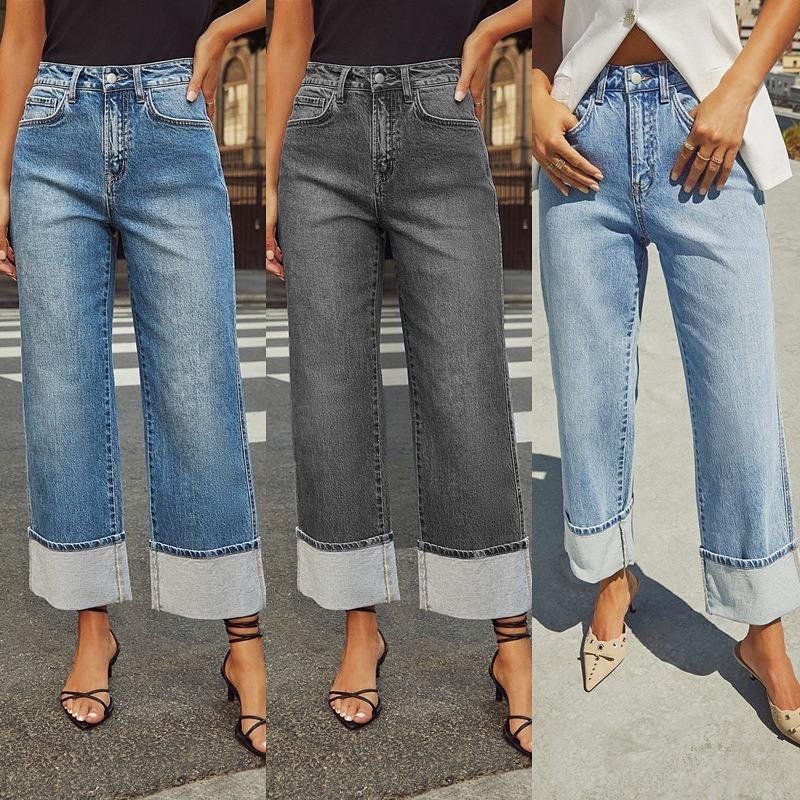 Women's Spring New Stretch Straight Jeans Quality Models Retro Rolled High Waist Trousers