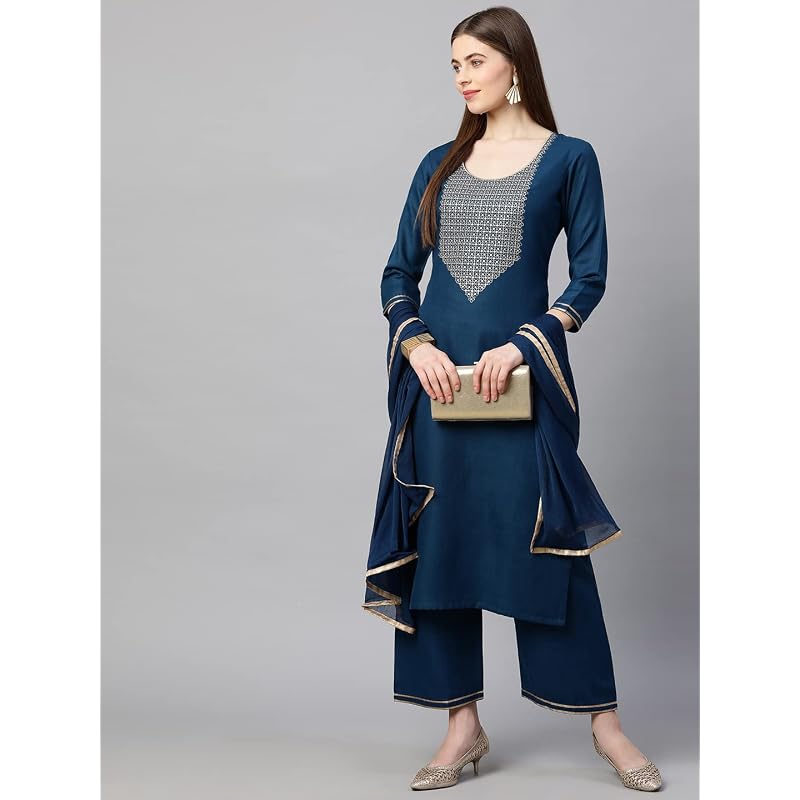 Gosriki Women' Ruby Cotton Solid Straight Kurti With Palazzos & Dupatta Set (Label Cerosin LGo Blue Large)