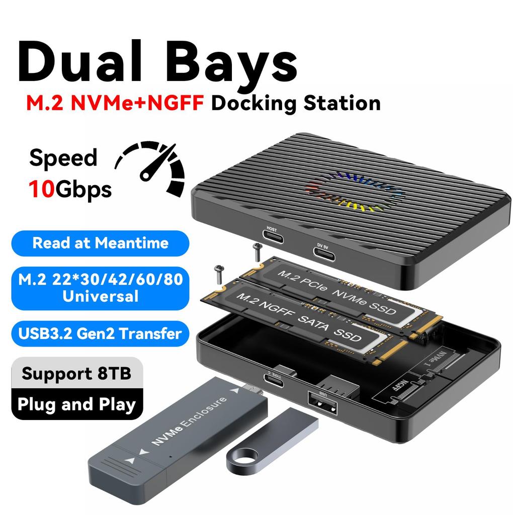 Dual Bays M2 NVME SATA SSD Enclouse 10Gbps Dual Protocol M.2 NVMe SATA SSD Case USB3.2 Solid State Docking Station M.2 Hard Disk Box Adapter for PC