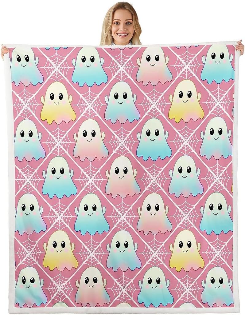GUOYU Decke Happy Halloween Fleece-Decke Baby Kürbis Geist Feiertags Sherpa-Decke Gotische Fledermäuse Florale Pflanzen Flauschige Plüschdecke für Kinder