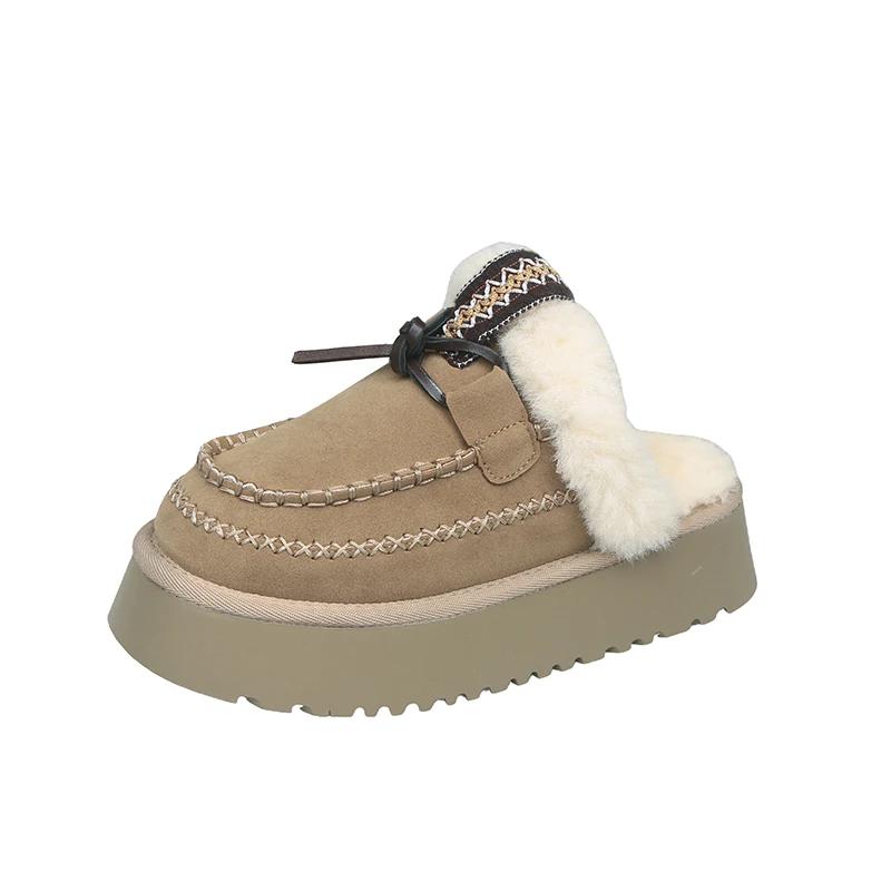 Fashion Women's Fashion Baotou Slippers Winter New Round Head Suede Deep Mouth Thick Sole Anti-slip Wear-resistant Flat Shoes