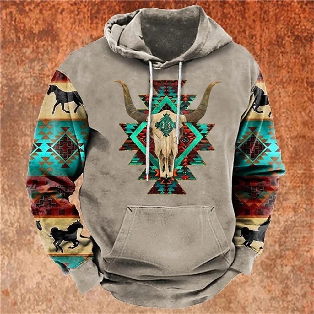 Indian Cowboy Autumn Winter Retro Men Hoodies Vintage Pullover Fashion Oversized Sweatshirt Long Sleeve Casual Tops Clothing
