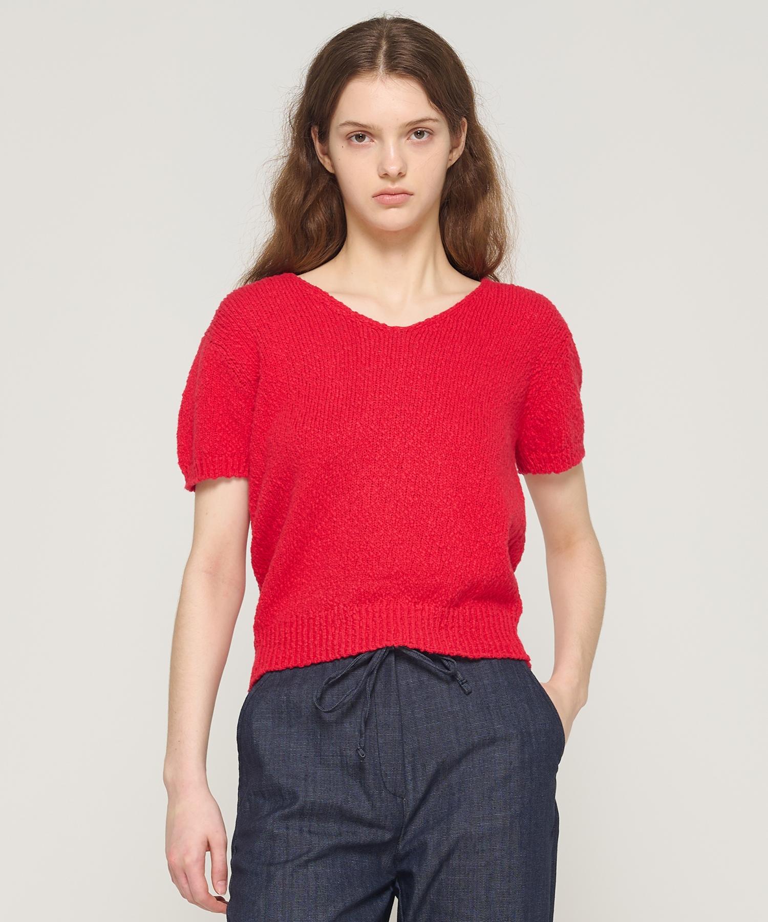 Cargo Bros For Woman Boucle V-Neck Short Sleeve Knit (Red) Free