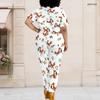 Women Plus Size White Printed Two Piece Set Short Sleeve Top Pocket Pants