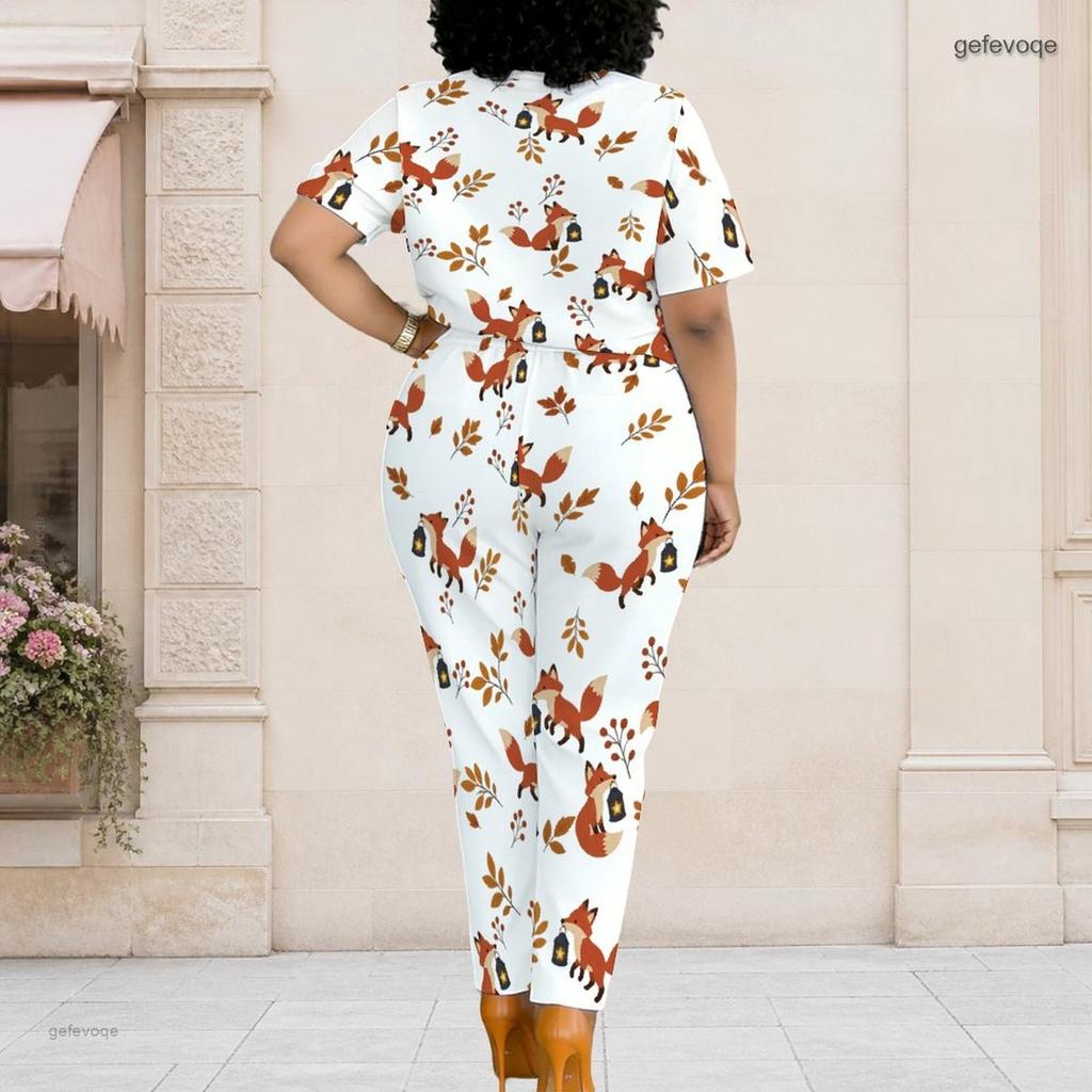 Women Plus Size White Printed Two Piece Set Short Sleeve Top Pocket Pants