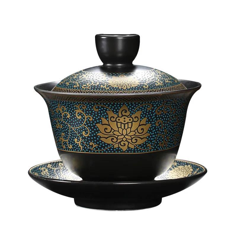 Chinese Teaset Classical Gaiwan Tea Cups Black Clay Tureen Lid Bowl Saucer Traditional Handmade Tea Brew Tea Cup