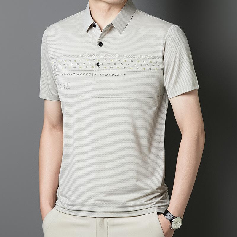 Men'S Ice Silk Short-Sleeved Striped Stretch T-Shirt Loose Casual Men'S Polo Shirt