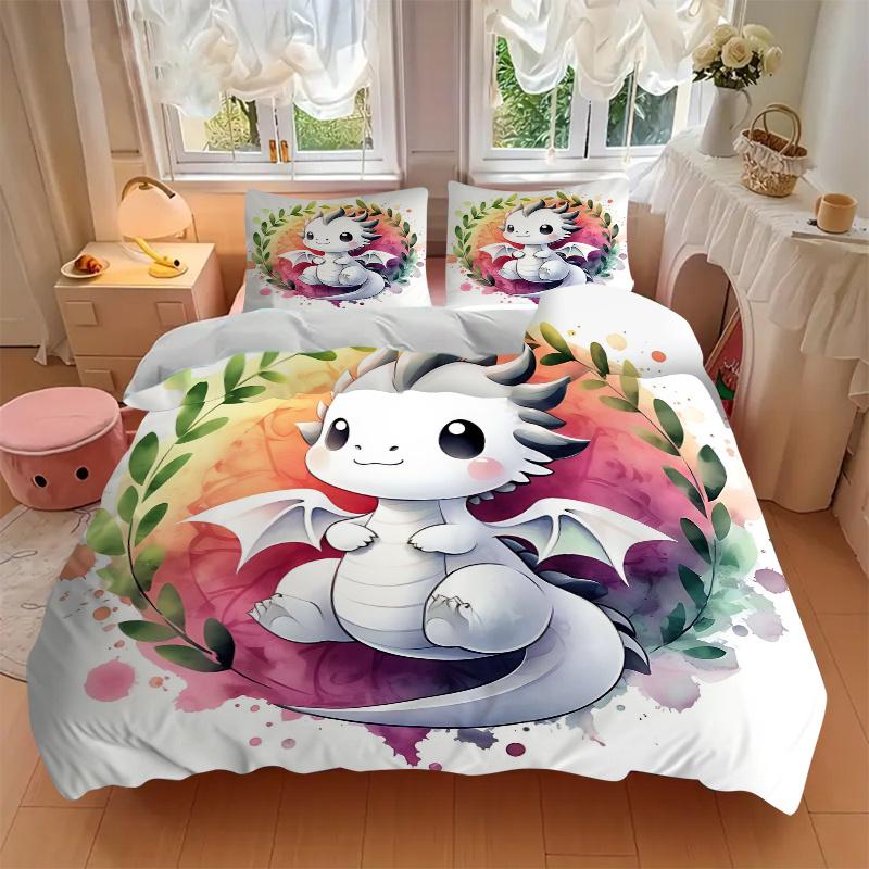 3pcs Adorable White Dragon Cartoon Printed Quilt Set - Includes 1 Quilt Cover and