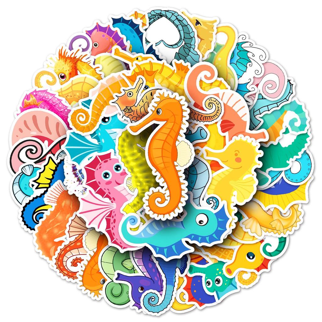 50 Seahorse & Marine Life Cartoon Stickers for DIY Projects, Water Bottles, Stationery, and Planners