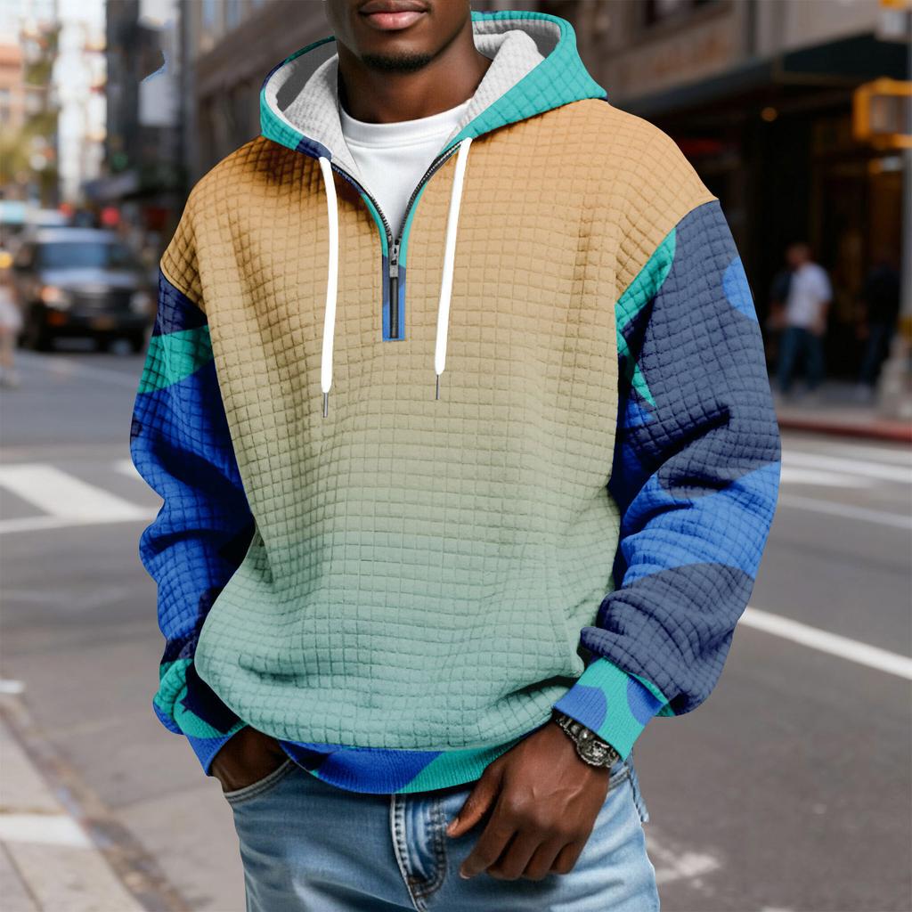 Herren Half-Zip Kapuzen-Plaid-Pullover Kordelzug Print Lässiges Sport-Sweatshirt