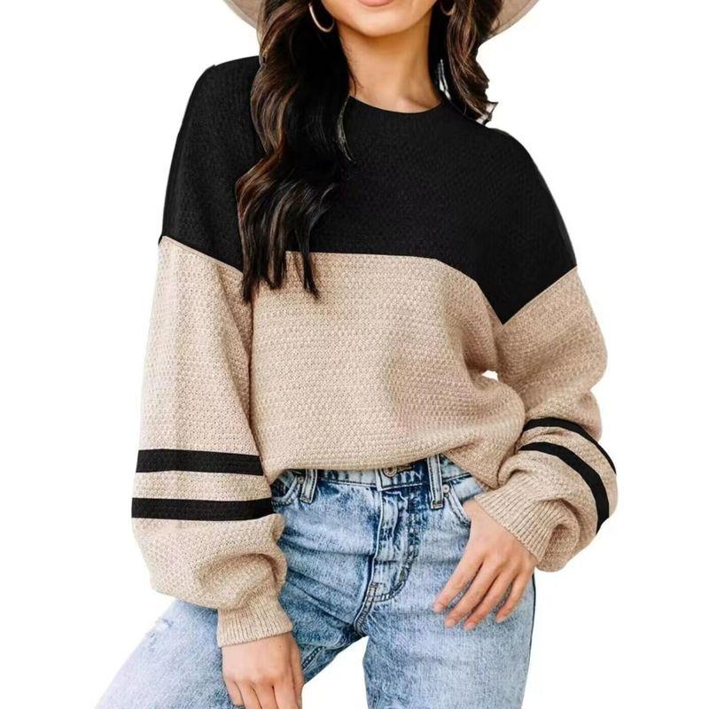 

Fashion Style round Neck Loose Fashion Casual Knitting Stripes Sweater Loose Striped Sweater Black apricot S