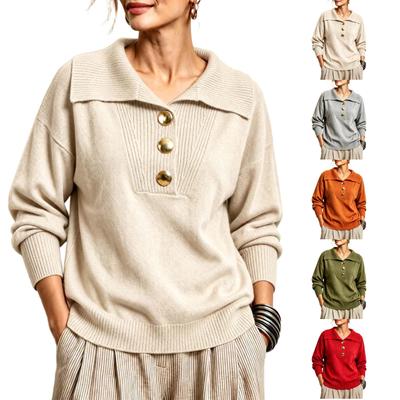 Damen Lässiger Lockere Passform Knopfkragen Langarm Farbiger Pullover