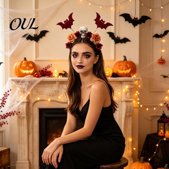 Festive Hair Decorations for Costumes Halloween Flower Skeleton Bat Headband, Gothic Floral Skull Bands, Spooky Fashionable Clips Accessory,