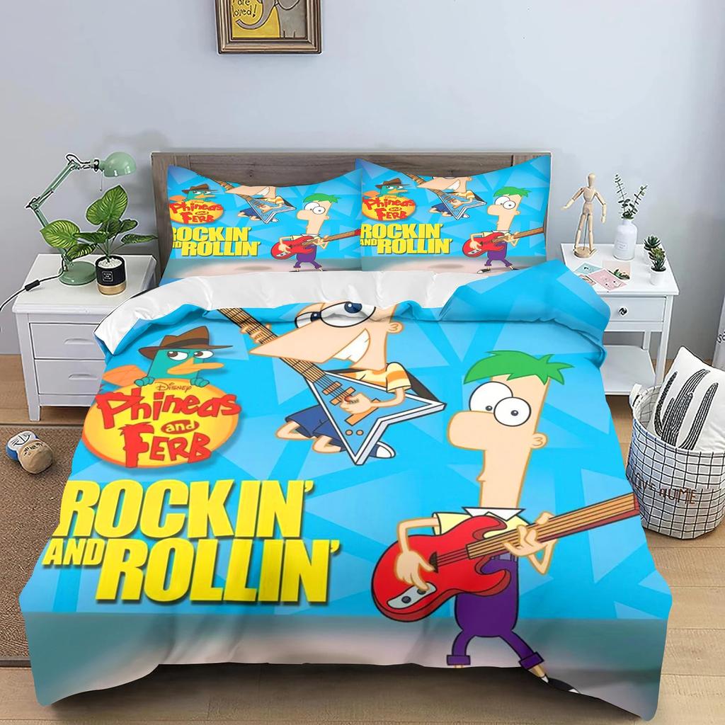 Phineas a Ferb Povlak na přikrývku, Kreslený potisk Polyesterová přikrývka do dětské ložnice, Anime, Útulné ložní prádlo do pokoje, Různé velikosti