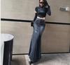 2023 Autumn Retro High-Waist Fishtail Denim Skirt with Hip-Split Design