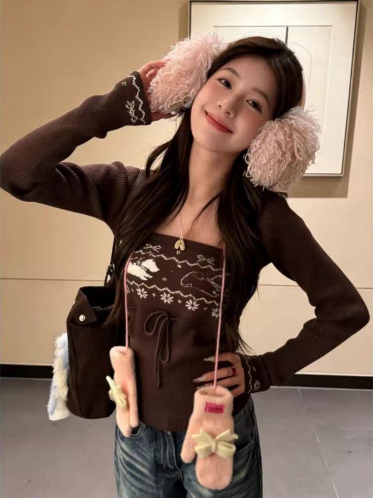 Women s Retro Coffee Long Sleeve Knit Cardigan & Jacquard Bandeau Vest Two-Piece Set One Size