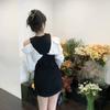 Autumn new design sense niche light and familiar sexy off-the-shoulder fashion color matching waist-wrapped hip long-sleeved dress