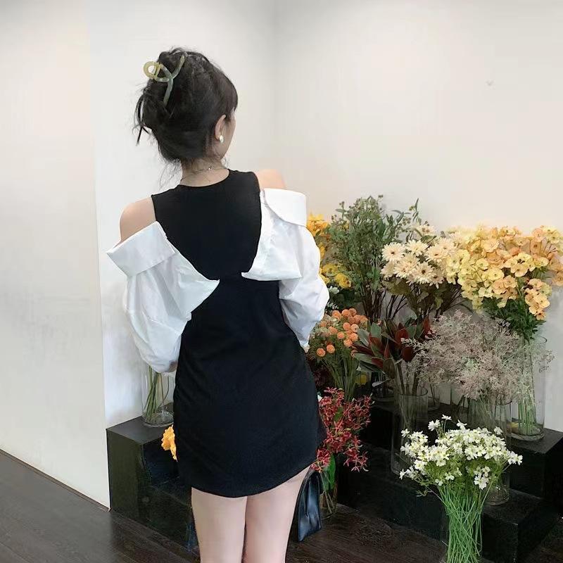 Autumn new design sense niche light and familiar sexy off-the-shoulder fashion color matching waist-wrapped hip long-sleeved dress