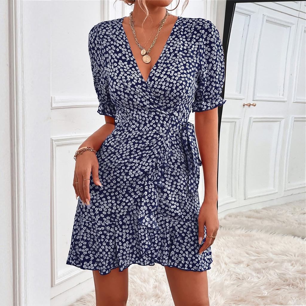 Women's Spring Summer Sexy V-Neck Floral Lace-Up Dress Casual Short Skirt
