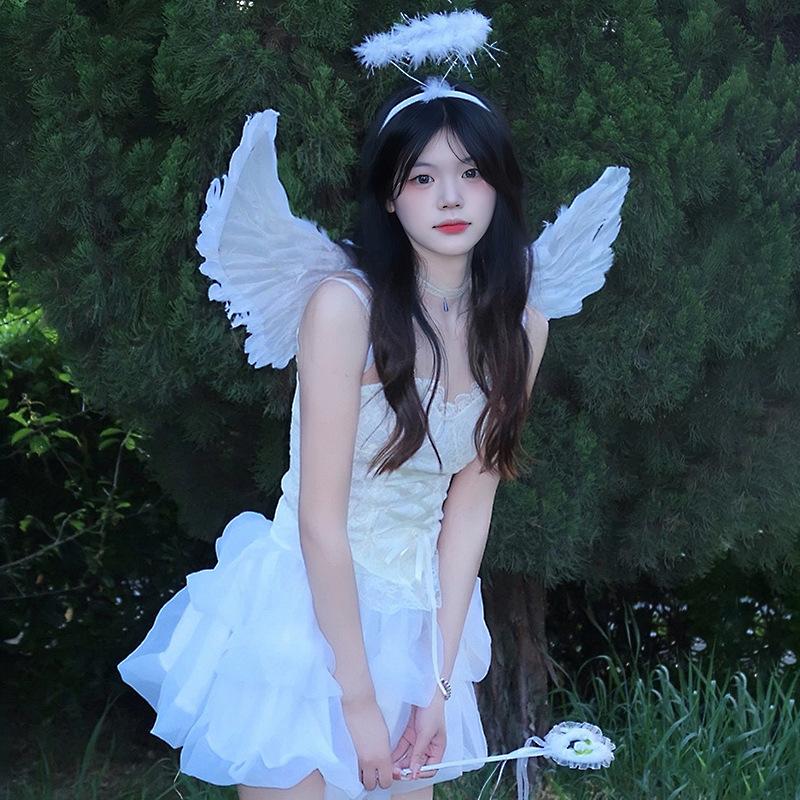 Halloween Christmas Devil Wings Cosplay Angel Wing  Wands Sets White Angel Fairy Feather Wings Wedding Birthday Party Props
