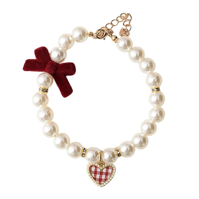 Dog Cats Pearls Necklace Handmade Pet Long Elegant Bowknot Pattern Necklace for Everyday Wear and Pet Gatherings