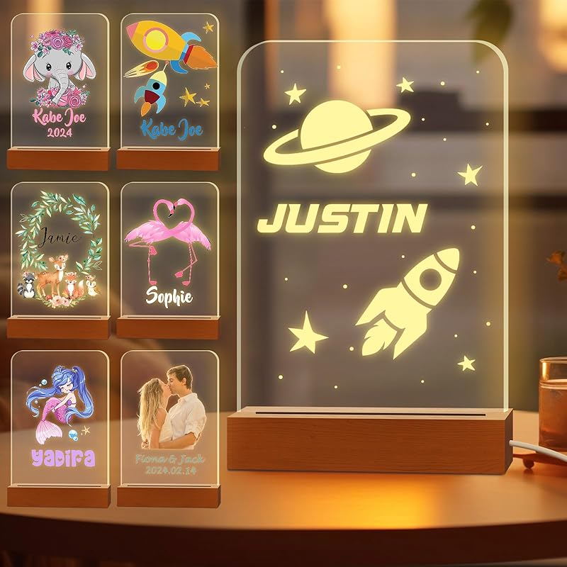 Personalized Night Light for Kids Custom Engraved Name Acrylic LED Lights with Wood Base for Nursery Bedroom Decor Night Lamp, Customized Birthday