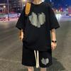 2Pcs/Set Men Summer Outfit Round Neck Short Sleeve Tops Wide Leg Shorts Set Heart Pattern Loose Fit Tracksuit