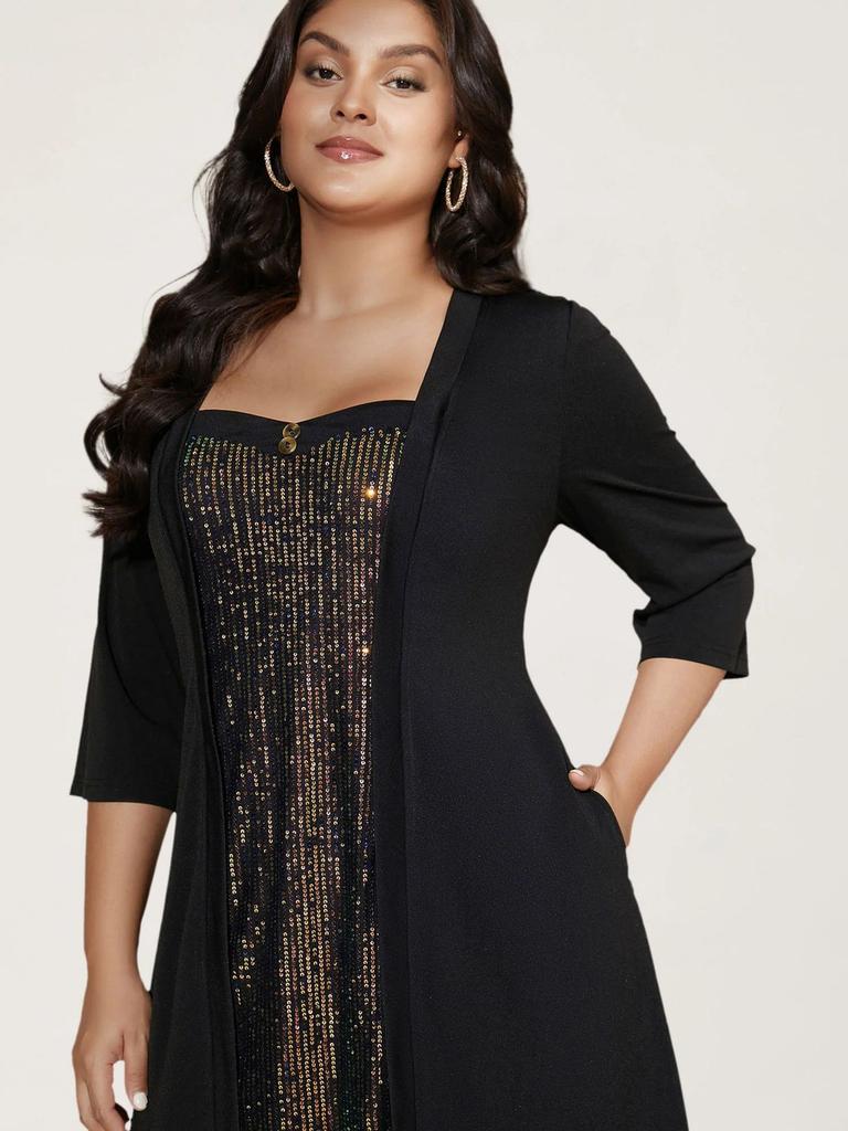 Übergrößen Damenmode 7/8 Ärmel Quadratischer Ausschnitt Figurbetont Schick Pailletten Patchwork Zweiteiliges Kleid