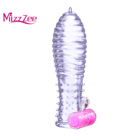 Mizz Zee Vibrator Condom Penis Dotted Thread Clear Lock Extension Sleeve Ring Sex