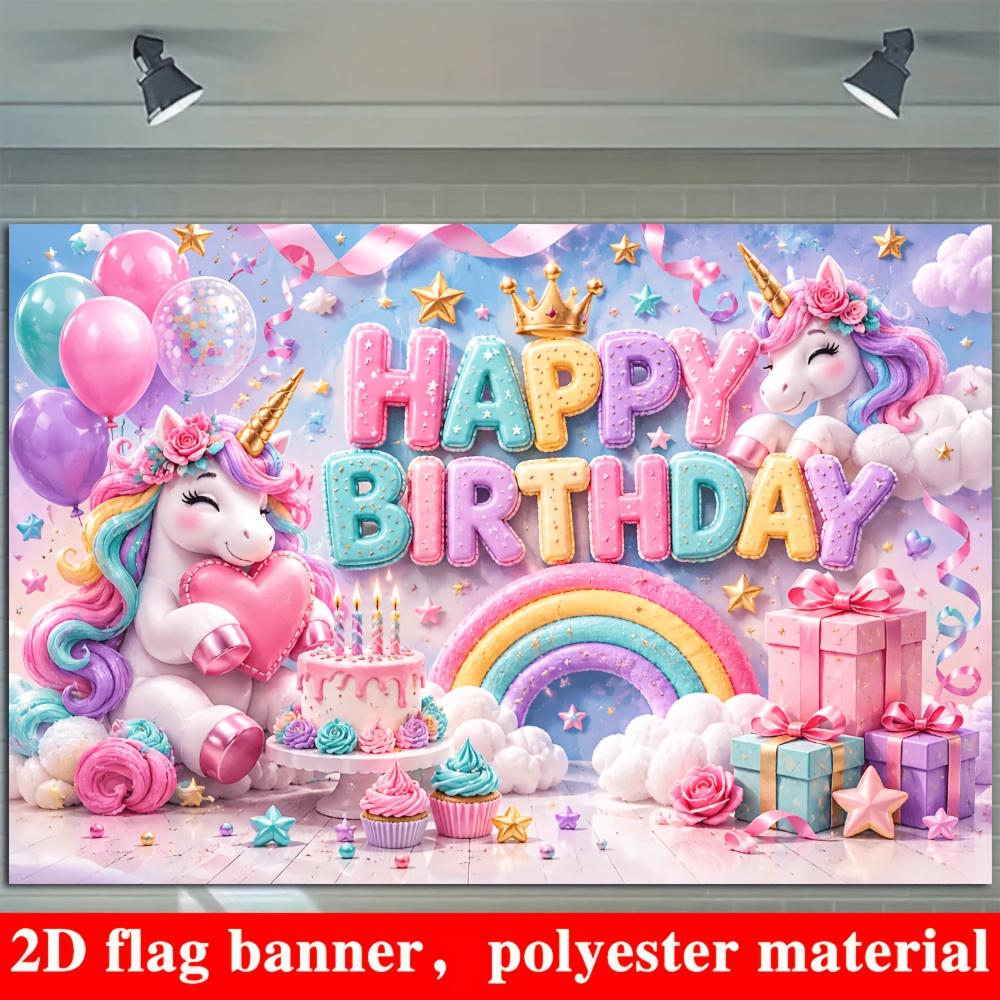 Unicorn Happy Birthday Banner Backdrop Balloons Rainbow Cake Gift Boxes