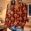 Women's V-Neck Long Sleeve Christmas Print Lightweight Blouse for Spring and Summer