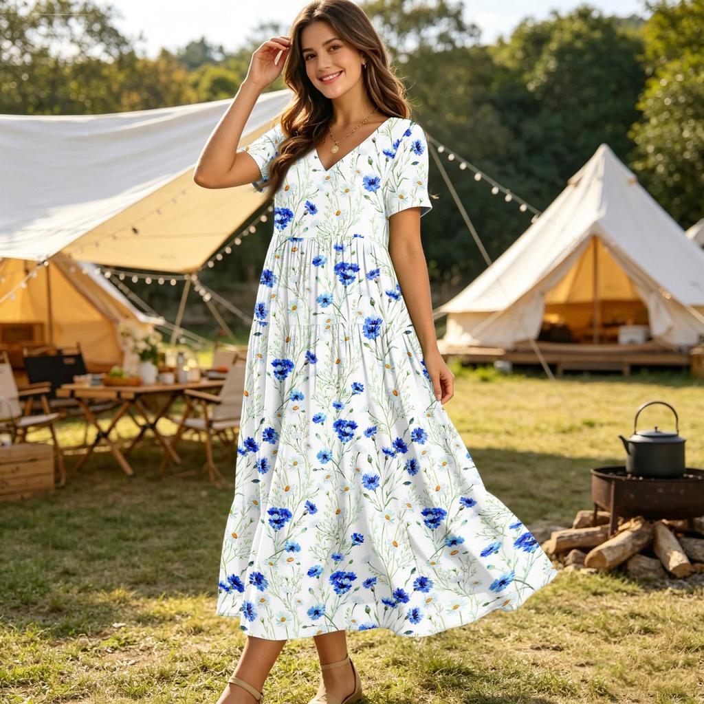 Frauen Casual Lose Bohemian Blumenkleid Kurzarm Lange Maxi Sommer Strand Swing Kleid