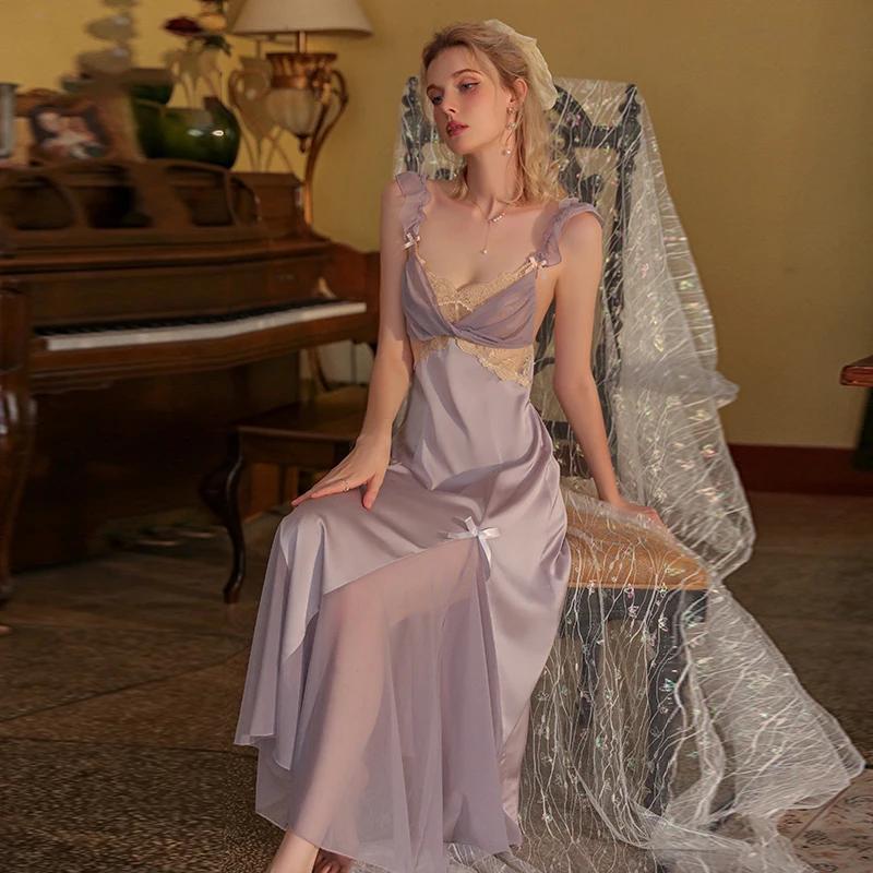 Sexy Pajamas for Women, Summer Dress, Autumn and Winter Silk Satin Casual Suspender Nightgown, Deep V Nightgown for Women