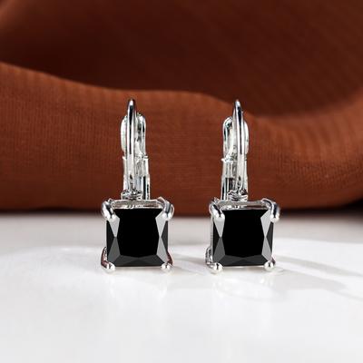 Trendy Square Zircon Hoop Earrings for Women Princess Cut Black CZ Drop Dangle Earrings Silver Jewelry