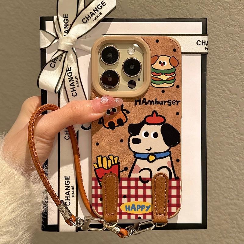 Hamburger French Fries Plaid Puppy Suede Autumn and Winter Women's Lanyard for Apple 17Promax/Air Mobile Phone Case