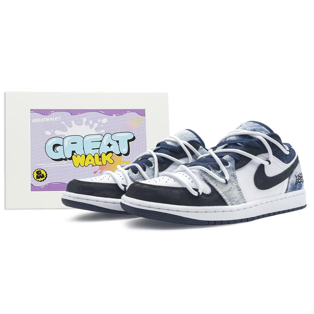 Jordan Air Jordan 1 Abrasion Resistant Low top Vintage Basketball Shoes Men's Black White Blue CZ8455-100(Team322-)