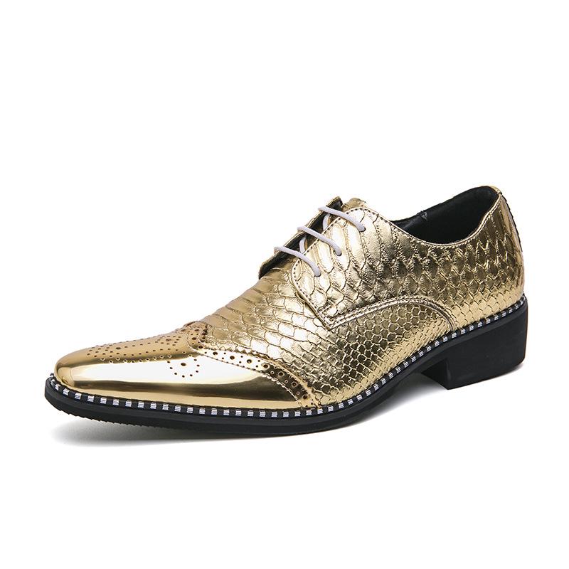 Golden Glossy Business Brogue Leather Shoes - European & American Style, Large Size Lace-up Derby Shoes