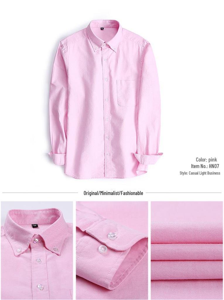 Men's Spring Cotton Oxford Long Sleeve Solid Color Shirt - Business Casual Slim Fit