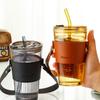 Strohhalm Wasserbecher Glas Einfacher Lässiger Kaffeebecher mit Deckel und Farbiger Bambusbecher Tragbares Gerades Trinkhalmglas