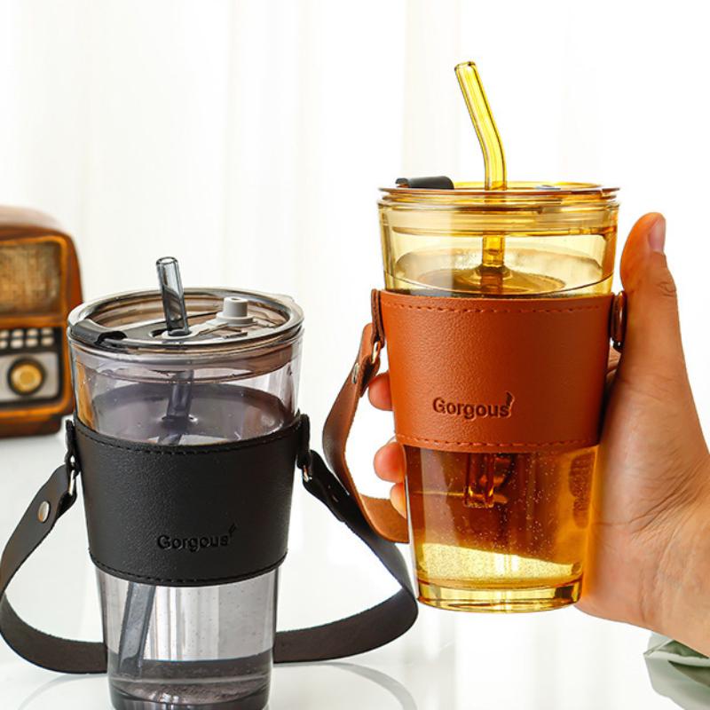 Strohhalm Wasserbecher Glas Einfacher Lässiger Kaffeebecher mit Deckel und Farbiger Bambusbecher Tragbares Gerades Trinkhalmglas